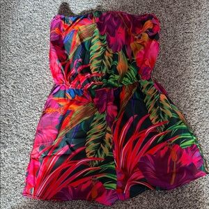 SHEIN Black Tropical Floral Strapless Romper with Pink & Green Accents